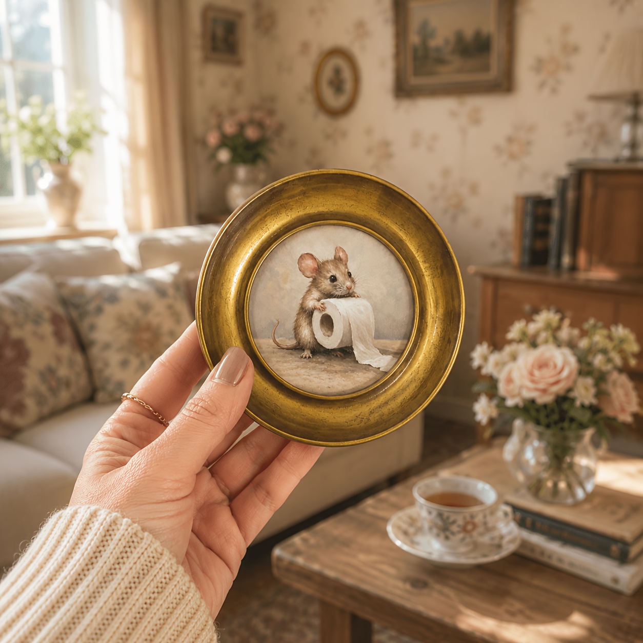 TEMU 1pc Retro Wooden Round Fun Animal Tissue Roll Wall Decor Painting Funny Animal Toilet Paper Wall Decor Wall Ornament, Cat/mouse Oil Painting