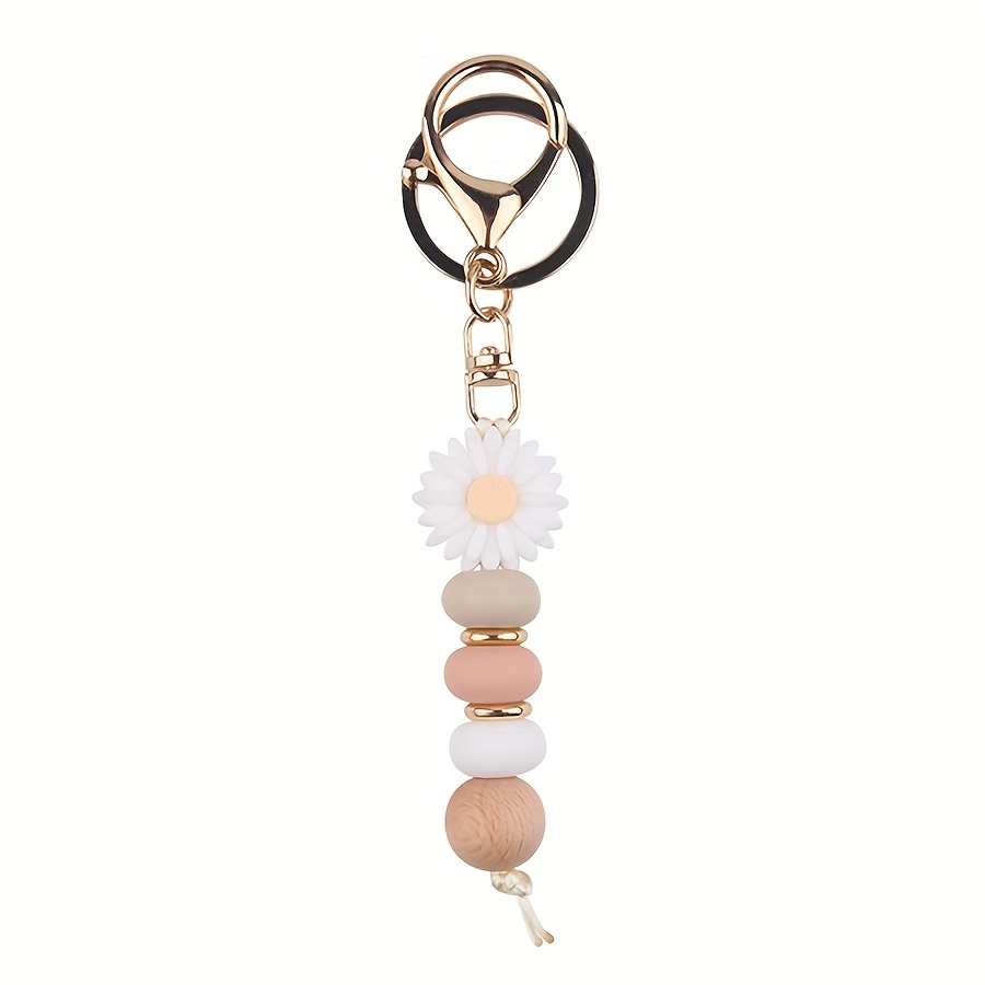 TEMU 1 Bohemian Daisy Silicone Beaded Keychain, Metal Lobster Clasp Pendant, Teacher And Friend, Back To School Gift, Plant Themed Ladies Keychain
