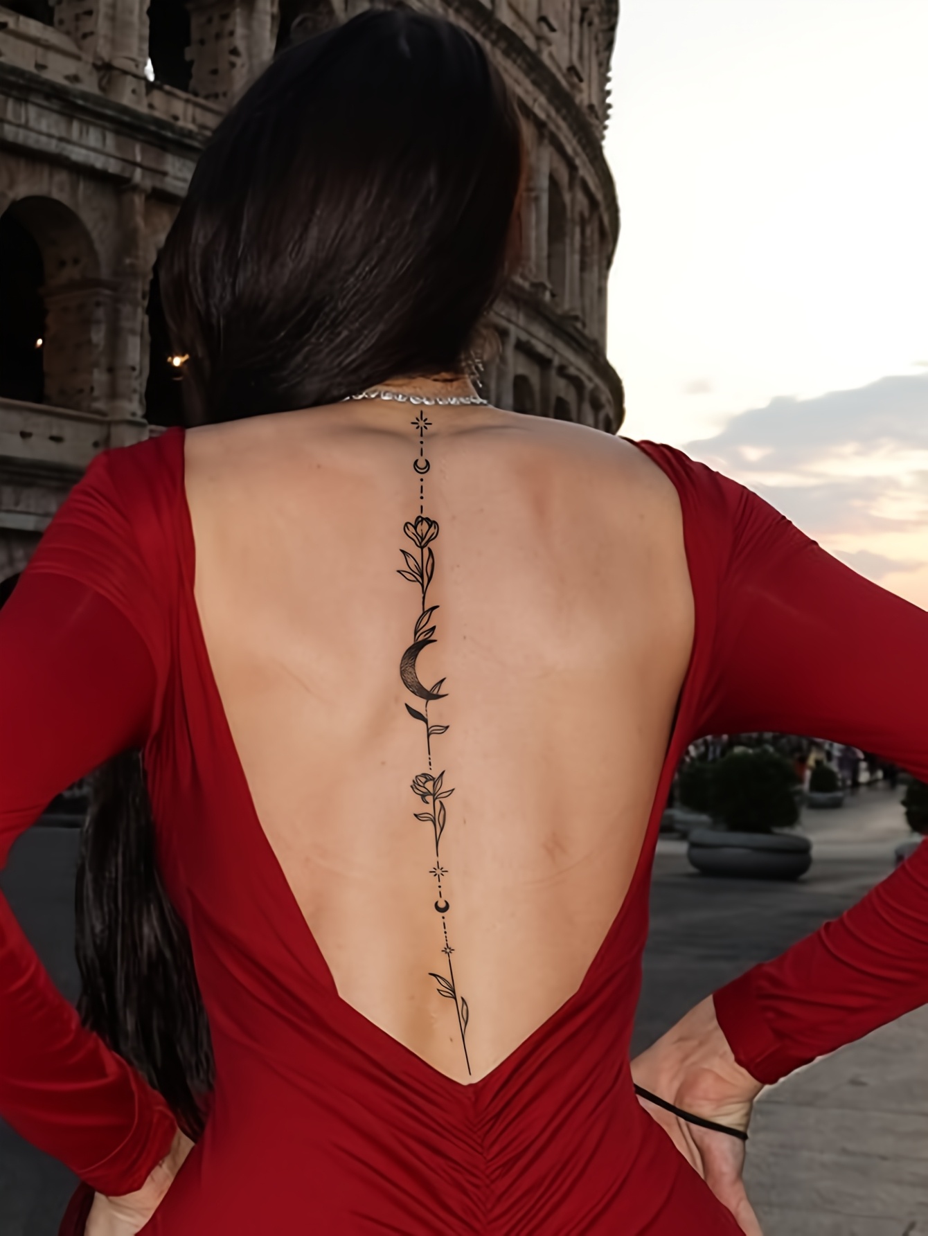 2pcs Sexy Waterproof Body Art Temporary Tattoos for Women. Black Moon, Flower, And Leaf Patterns Spine Tattoos, Can Be Used On The Arms, Shoulders, Back, And Legs. Perfect for Holiday, Parties, Weddings, Vacations. Gifts.Body Decorations.