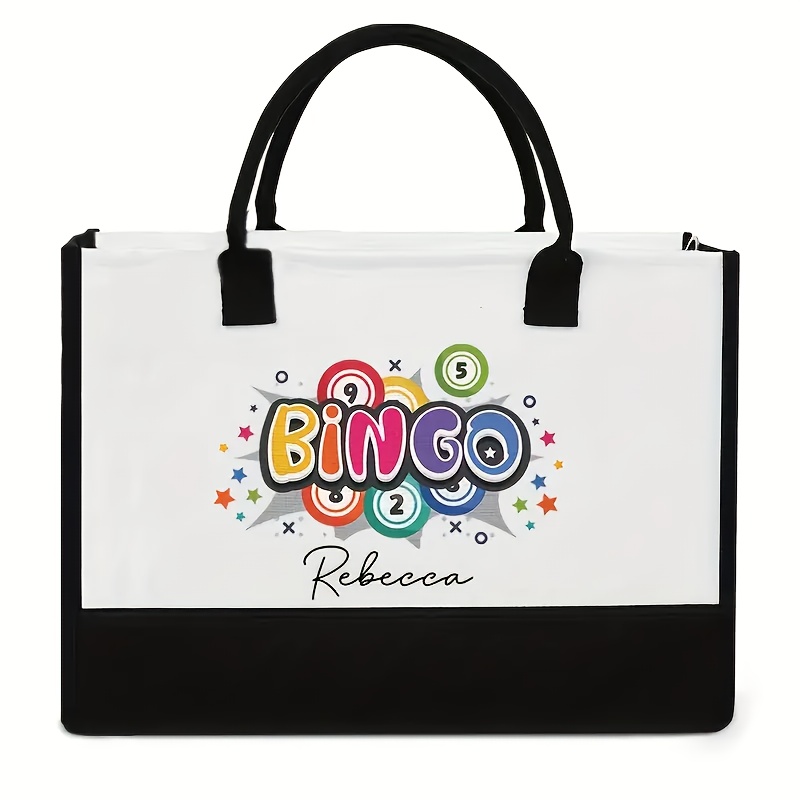 TEMU 1pc Colorful Bingo Balls And Pattern Tote Bag, Customizable Name Durable Fade-resistant Fabric, White Tote Bag, Suitable For Women, Grandma,