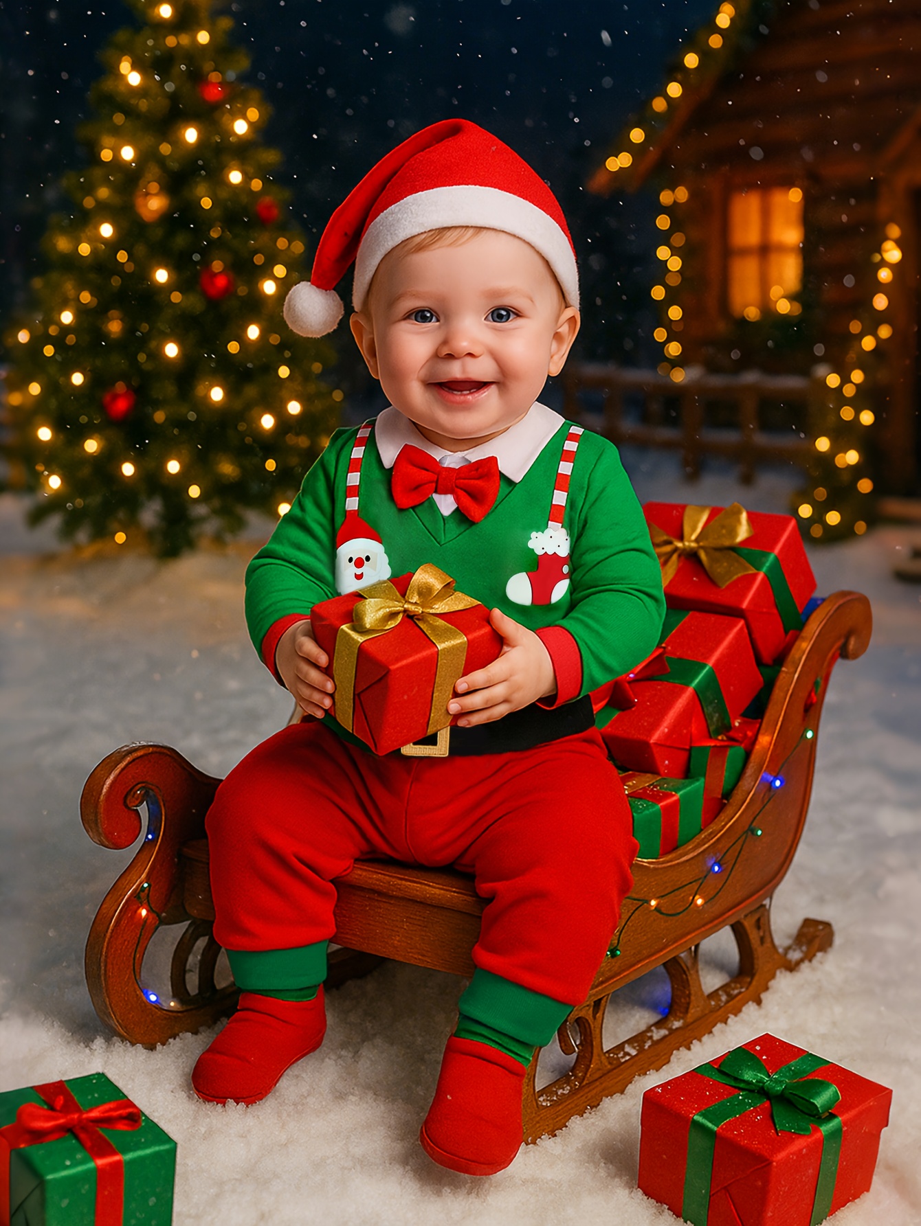 Jongens Kerst Santa Claus Print Lange Mouw Romper met Strik & Broek 2-delig Set - Feestelijke Rood & Groene Vakantie Outfit