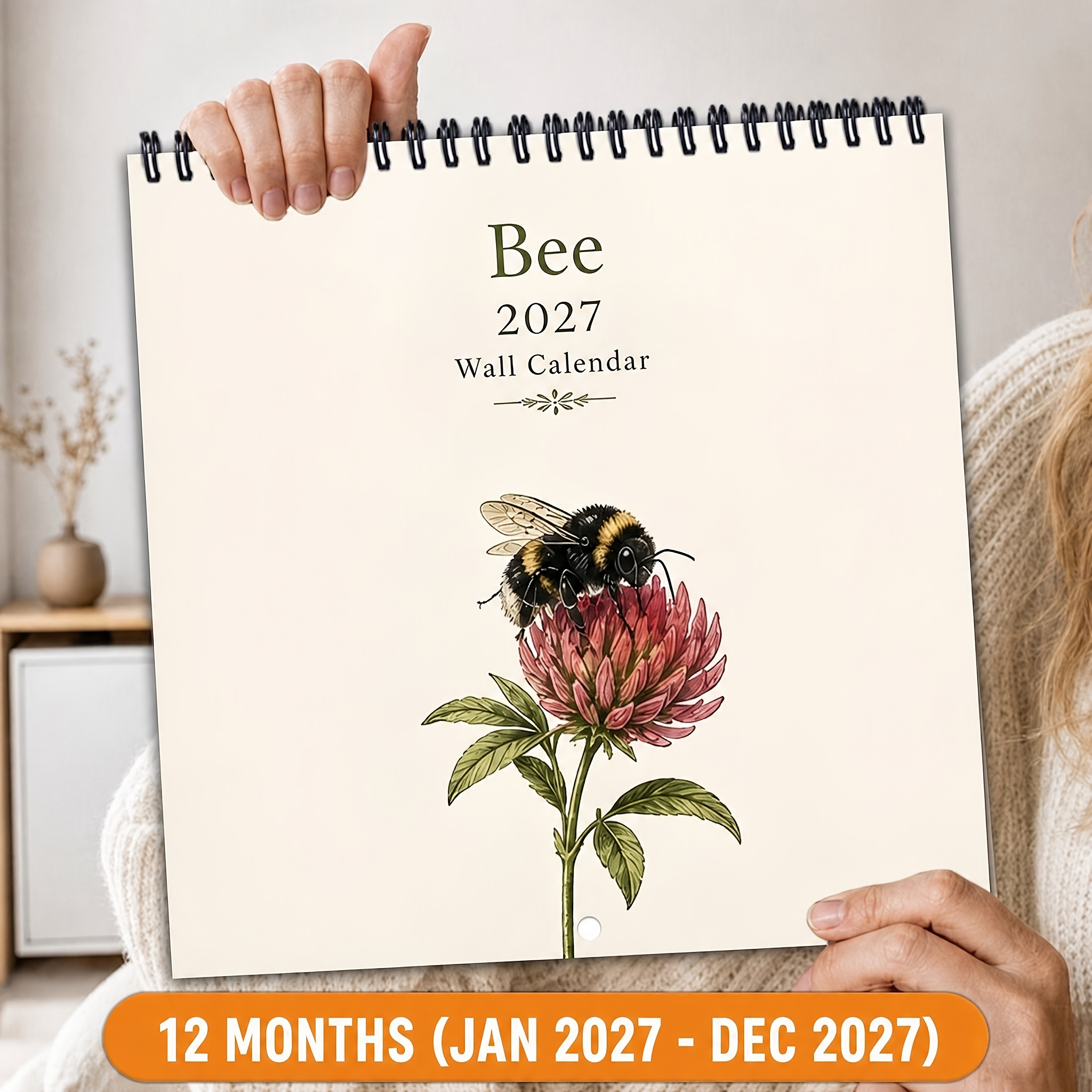 TEMU 1pc 2027 Bee-themed Hanging Calendar-double-coil Spiral-bound 12-month Annual Plan Book For Offices, Habit Tracking And Time Management Logs For