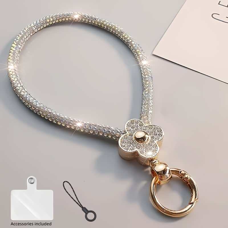 TEMU Shiny Diamond Phone Lanyard For Women, Wrist Strap With Clover Design, Light Luxury Accessory, Anti-loss Case For Outdoor Travel, Camera Hand