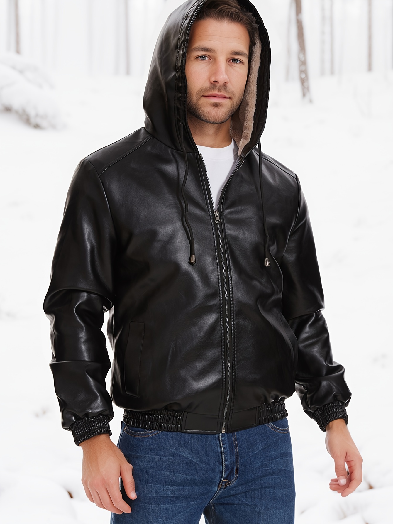 Mens pu hooded jacket best sale