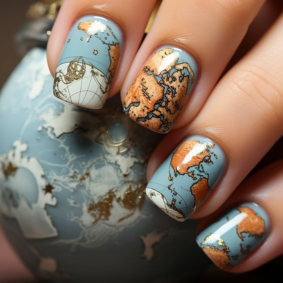 TEMU Mapa divertido corto azul, 24 uñas postizas de presión, pegatinas de uñas artificiales desmontables y reutilizables, prácticas para uso diario,