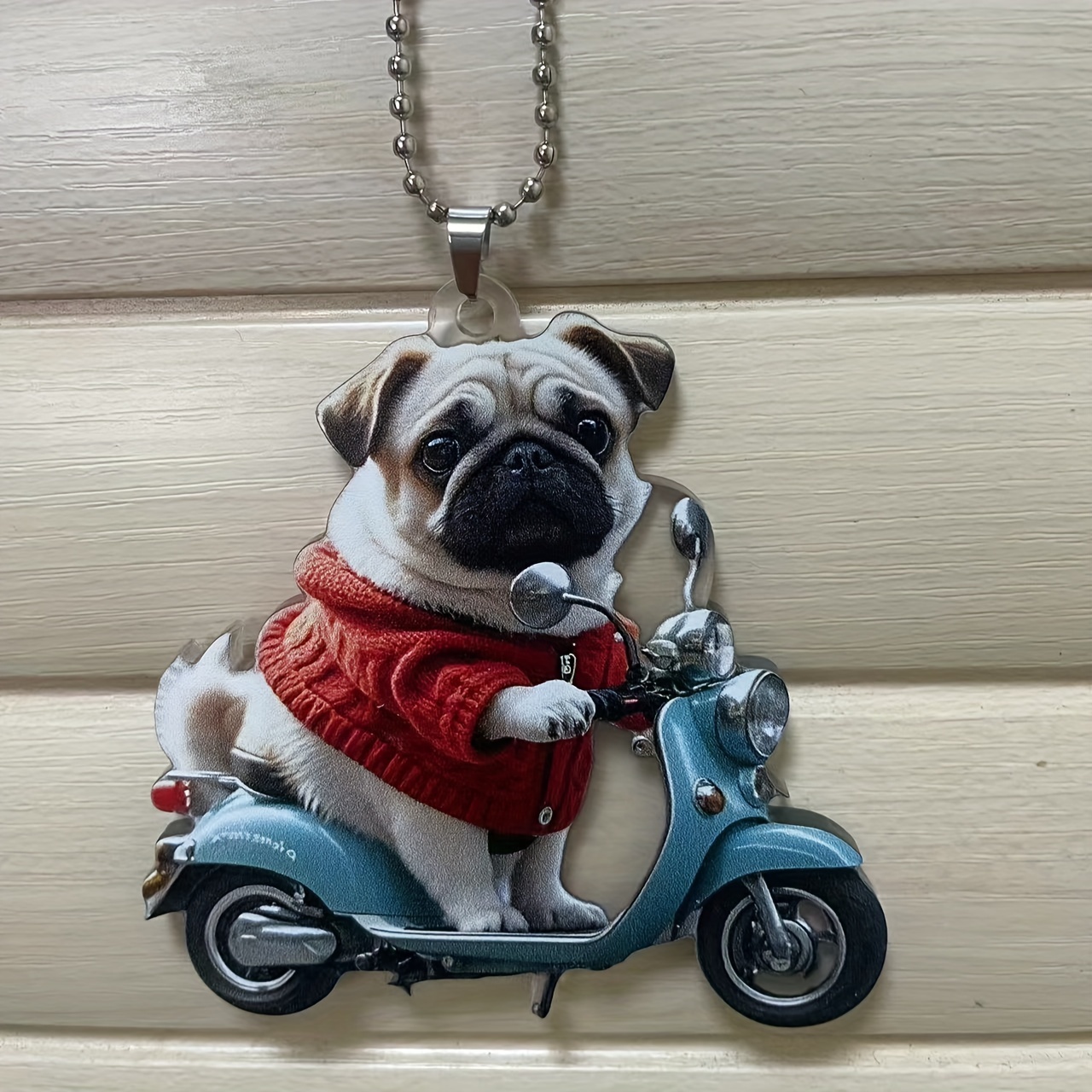 TEMU 1pc Cute Pug On Scooter Acrylic Ornament, 2d Flat Christmas Tree Hanging Decoration, Red Sweater Dog Keychain Pendant, No Feather,