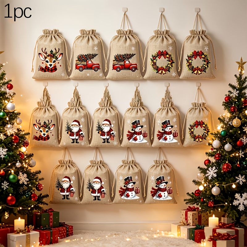 TEMU 1pc Christmas Jute Gift Bag For Her/him, [random Style] Christmas Gift Bag, Reusable Drawstring Bag, Christmas Themed Design, Suitable For