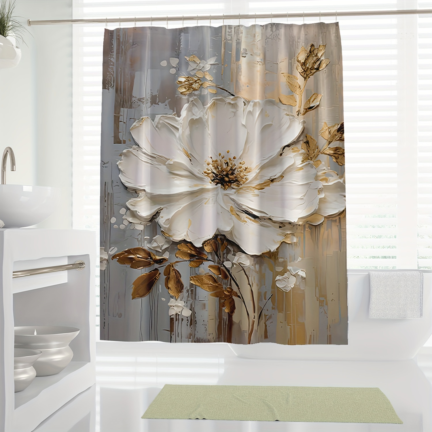 

1pc Luxury Modern White Floral And Golden Leaves Abstract Art Digital Print Shower Curtain, Bathroom Decor, Home Decor