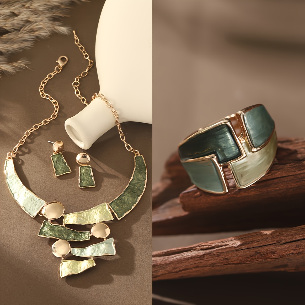 E-shop Fashion Boho Easy Zinklegierung Emaille Geometrisches 3-teiliges Schmuckset für Damen Zusätze 2025 Neuer Trend Goldplattiert 1 Stück Ohrringe 1