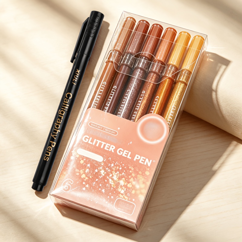 TEMU Lot de 6 stylos gel pailletés aux chauds marron-orangé et 1 stylo noir, adaptés pour le journaling, , de vœux, la décoration d'albums dessinés à