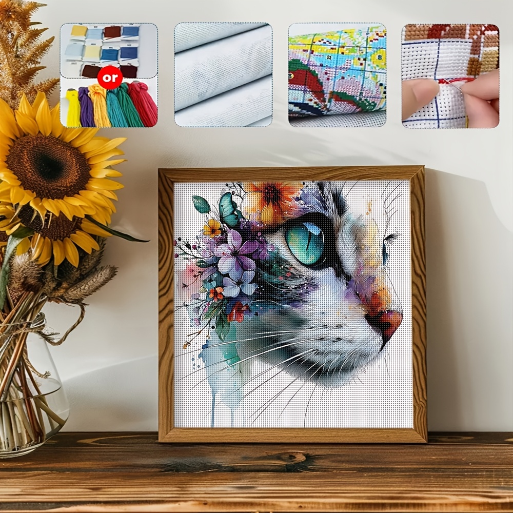 TEMU 1 Kit de point de croix imprimé sur le thème du portrait de chat 11CT, pack de matériel de broderie artisanale imprimé précis avec outils
