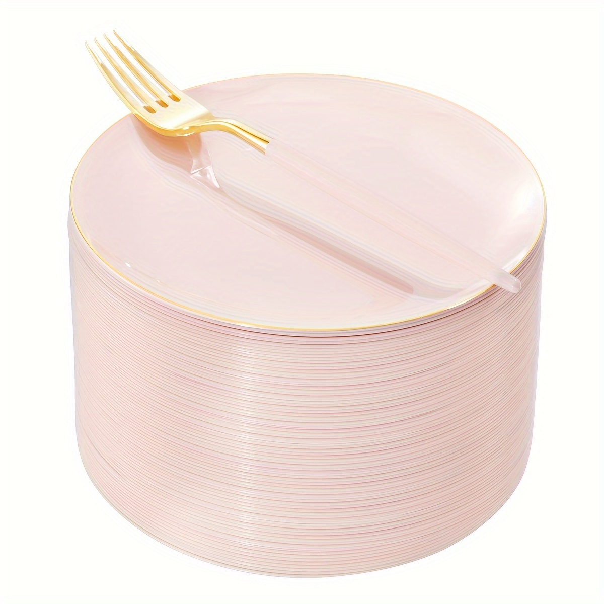 

72pcs Plastic Dessert Plates With 72pcs Disposable Pink Forks, Premium Pink Appetizer Plates, Fancy Pink Salad Plates With Gold Rims Perfect For Wedding, Party & Mother's Day