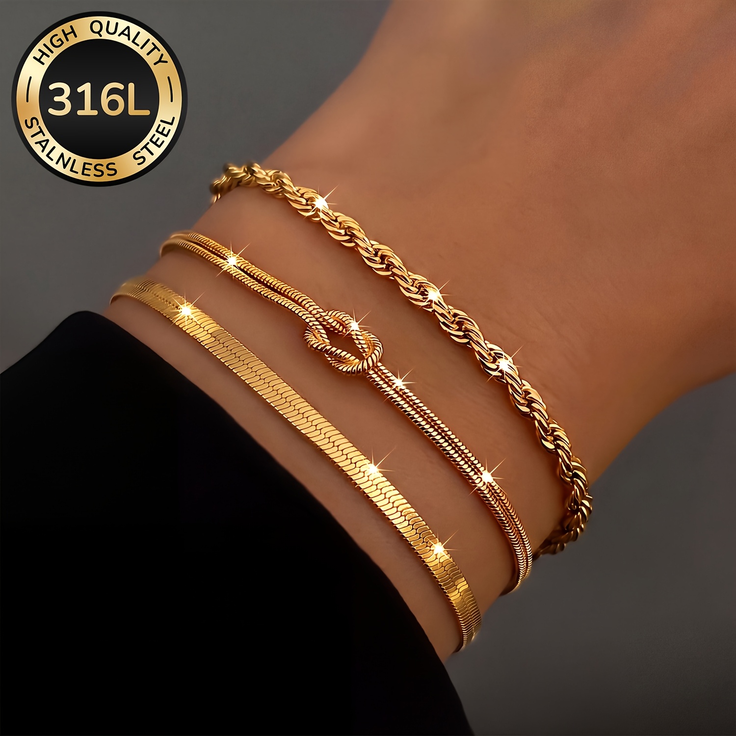 TEMU 3pcs Women's 18k Gold Plated 316l Stainless Steel Bracelet, Waterproof And Fade-resistant Jewelry, Stylish And Elegant Accessories For Women,