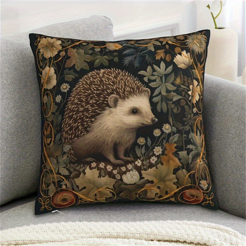 

Vintage Hedgehog Forest Design Pillowcase 18x18 - Soft Short Plush, Zip Closure, Machine Washable - Perfect For Sofa & Bed Decor