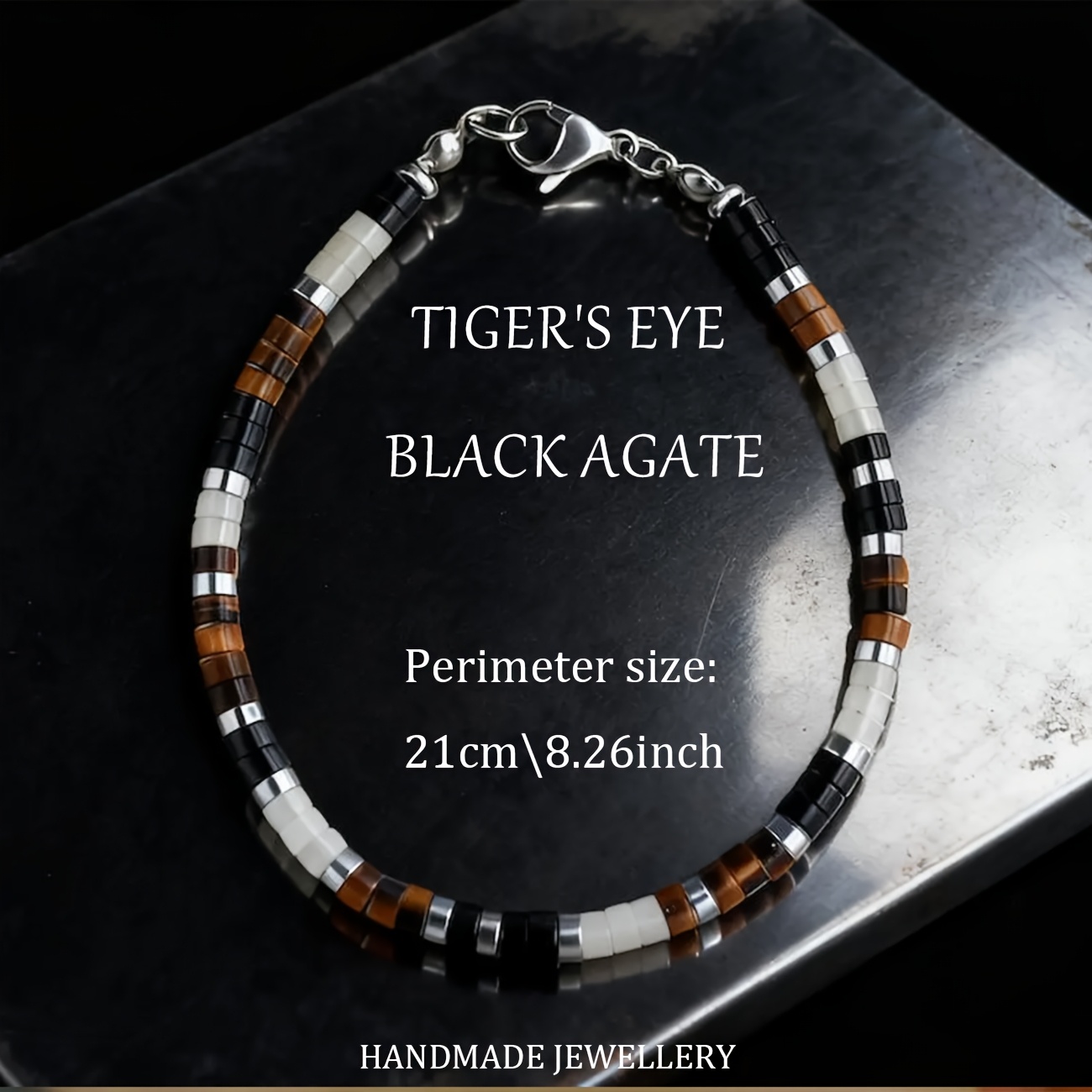 TEMU Eye And Black Agate Men's Bracelet With Silvery Trim, Symbolizing Success, , And Strength. A Stylish Men's Bracelet For Occasion. Minimalist