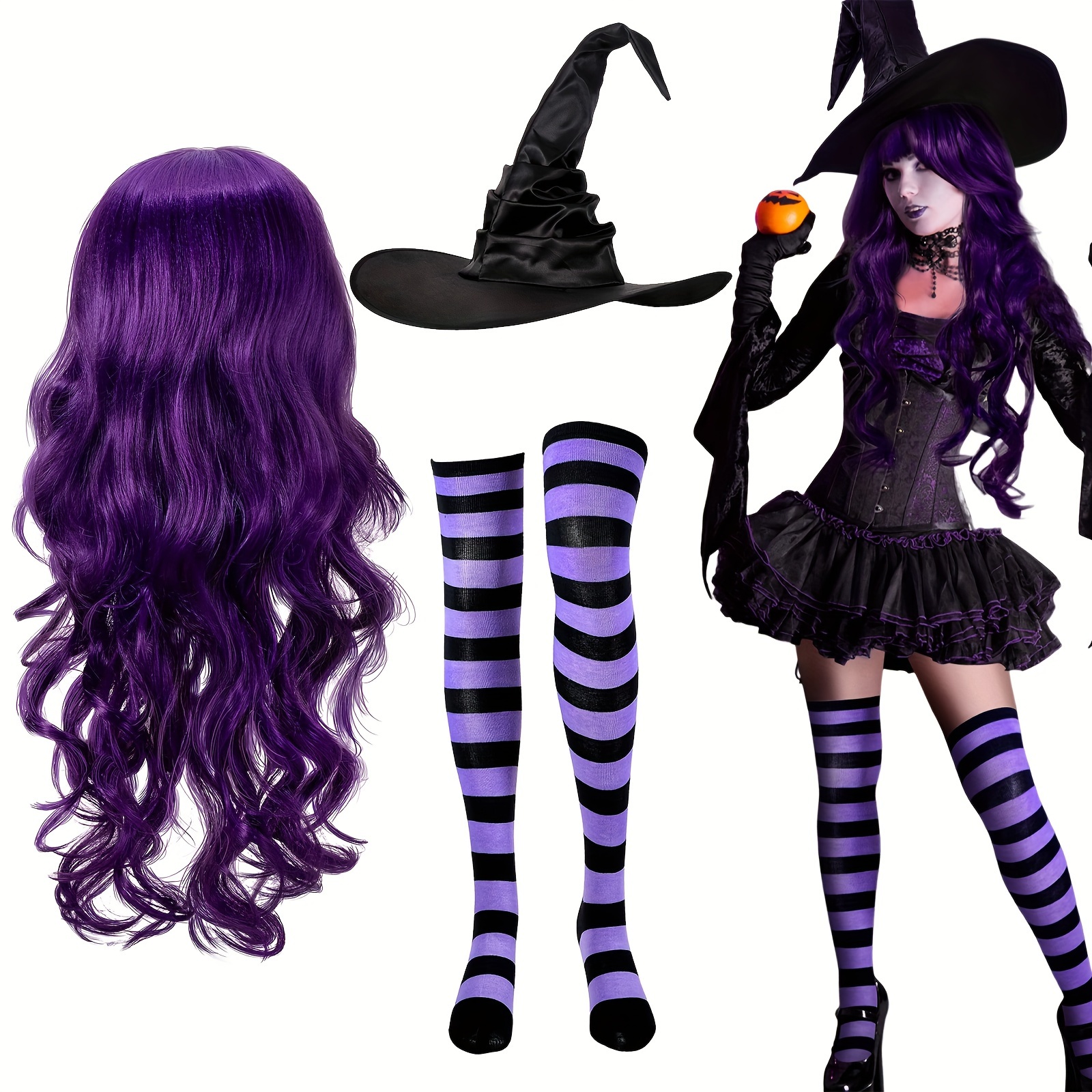 Schwarz-Lila Hexenperücke – Lange Lockenperücke Für Halloween & Cosplay