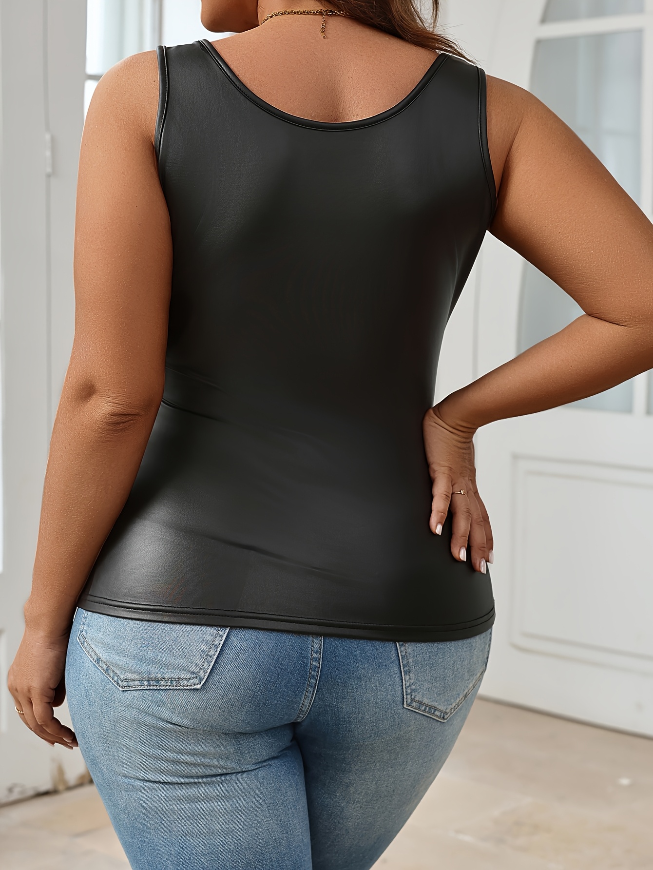 Plus Size Casual Sleeveless Tank Top - Deep U-Neck Backless Design, Stretchy 100% Polyester, Machine Washable, Solid Black for Casual Attire & All-Season Comfort