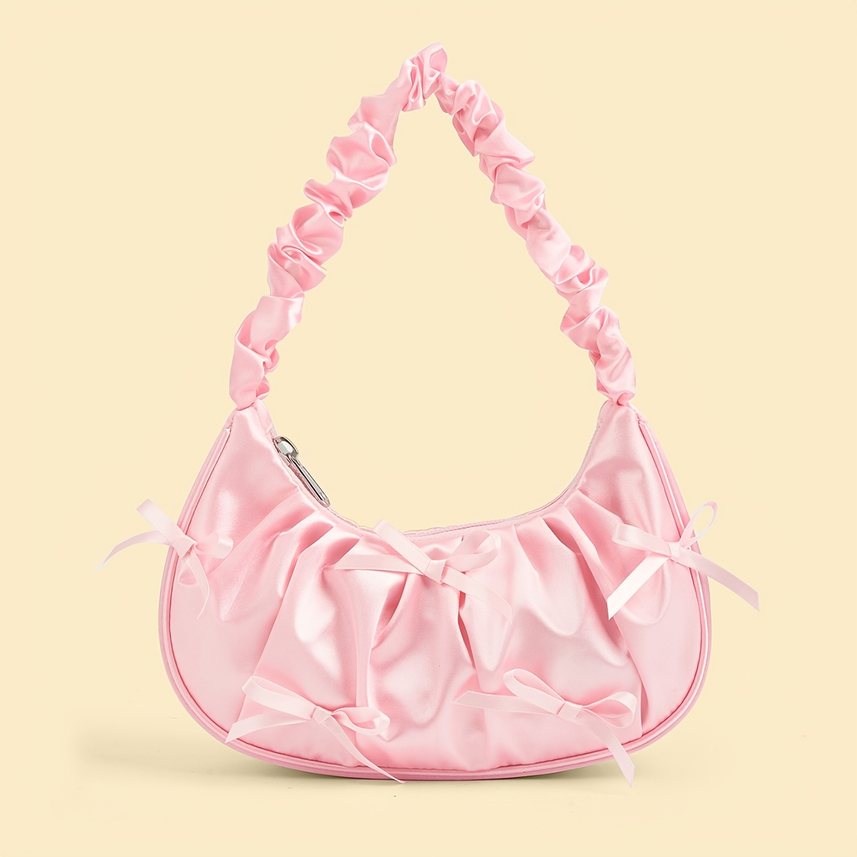 TEMU 1pc Bow Pleated Handbag For, Cloud Bag, Single-shoulder Underarm Bag, For Teenager