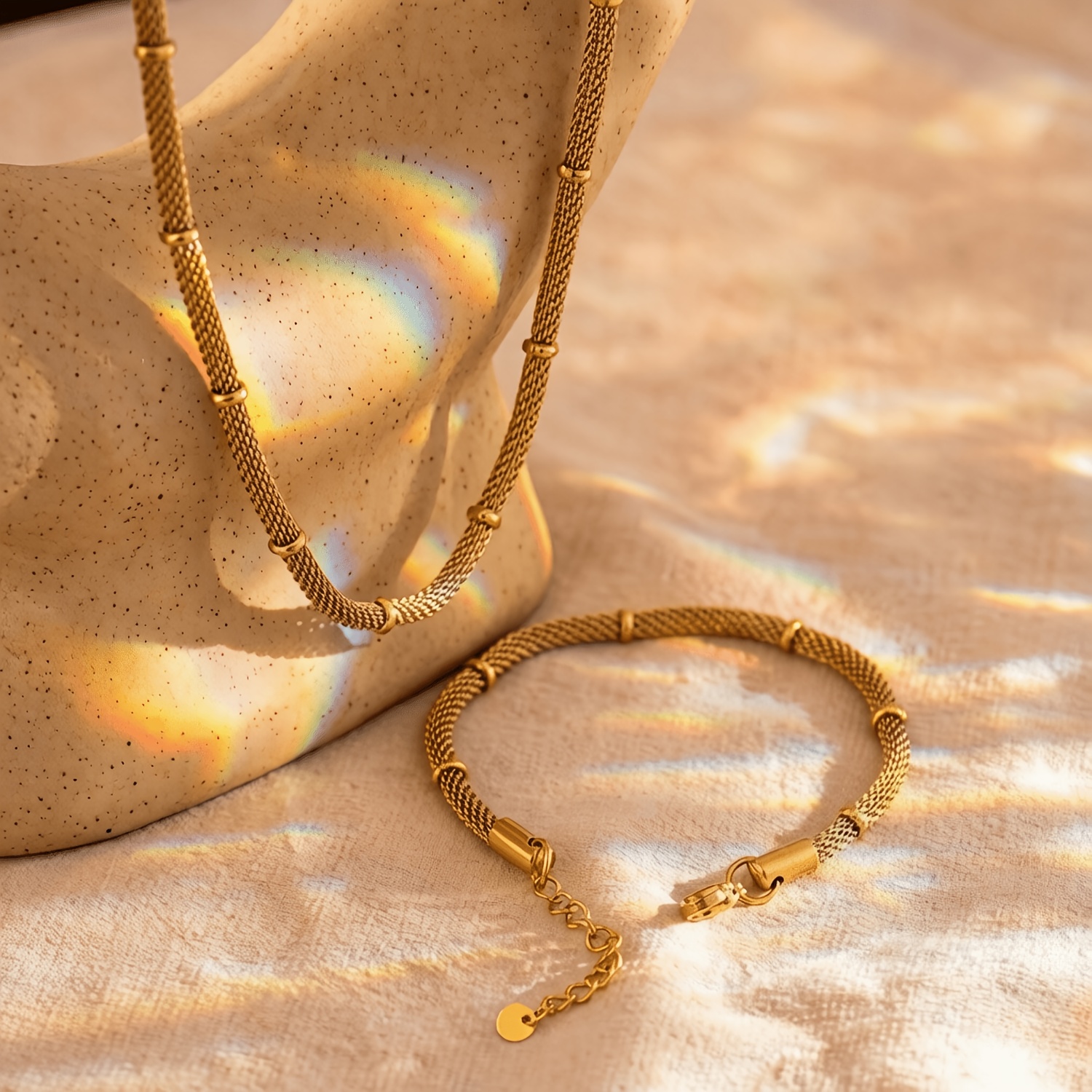 Women's Golden Stainless Steel Mesh Necklace & Bracelet Set