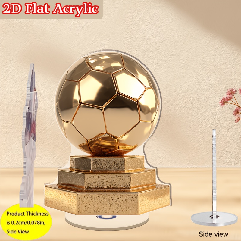 TEMU Soccer Event 2026 - 2d Flat Rotating Acrylic Desktop Ornament, Featuring A Shiny Golden Football Trophy Embedded , Resting On A Multi-layered