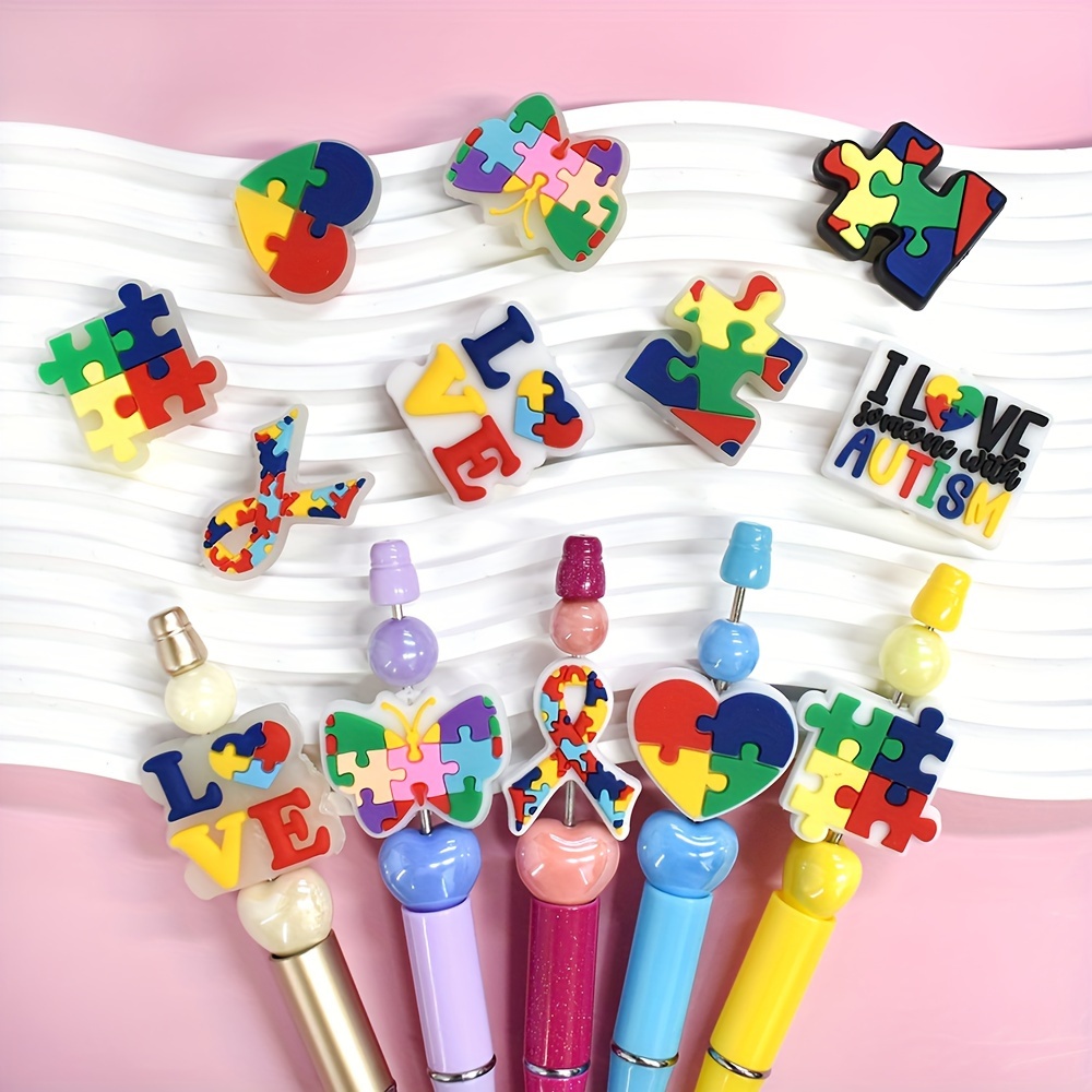 

14-piece Set Autism Awareness Rainbow Puzzle Piece Silicone Beads For Diy Keychains And Pen Decorations, Colorful Loose Rubber Beads For Crafting