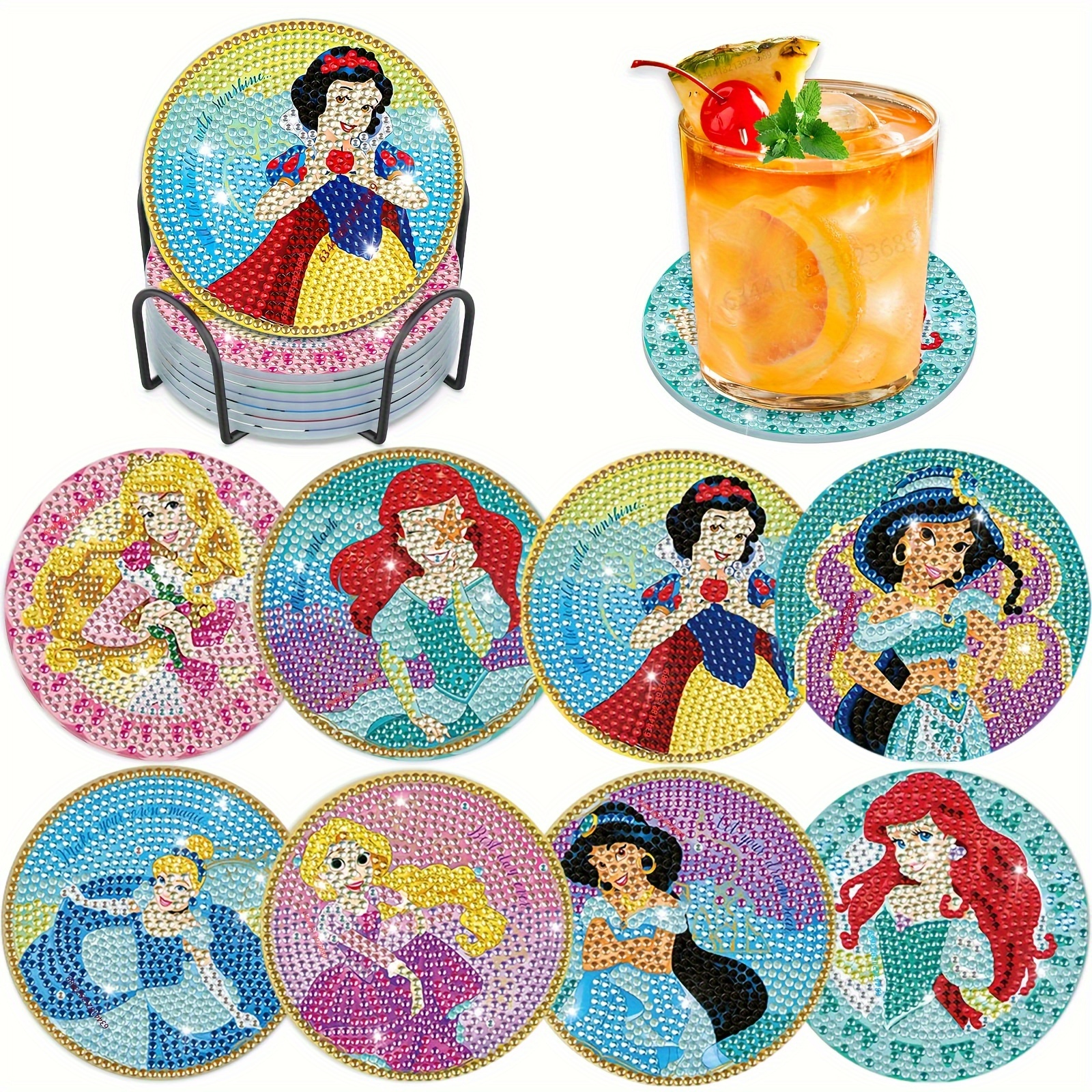 

8pcs Diy Diamond Art Painting Coaster Set Diy Cartoon Princess Table Placemat Insulation Pad Home Decor Gifts.