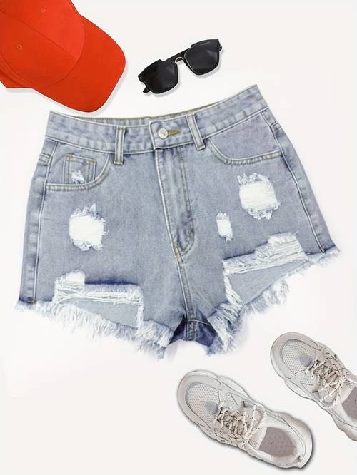 womens casual high waist denim shorts light blue distressed frayed edges button fly loose fit spring summer style casual attire distressed denim shorts frayed edges shorts