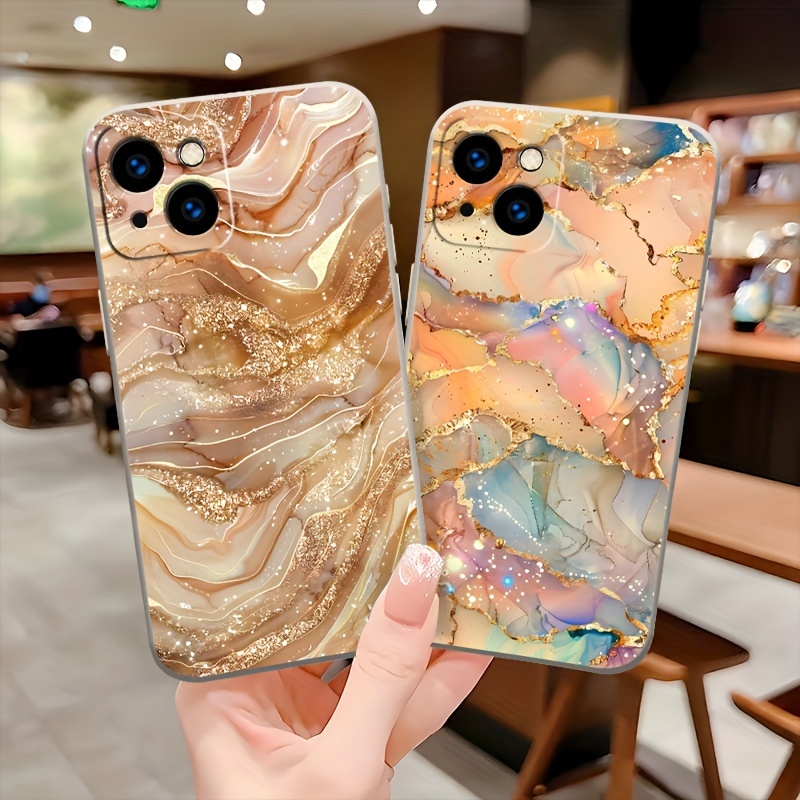 

Marble Glitter Phone Case Compatible With Iphone Models 15/14 Promax/13 Pro/12 Mini/11 Pro/xs Max/x/xr/8/7 Plus/se2/se3 - Tpu Soft Protective Cover With Elegant Gold Pattern Design For Couples - H1447