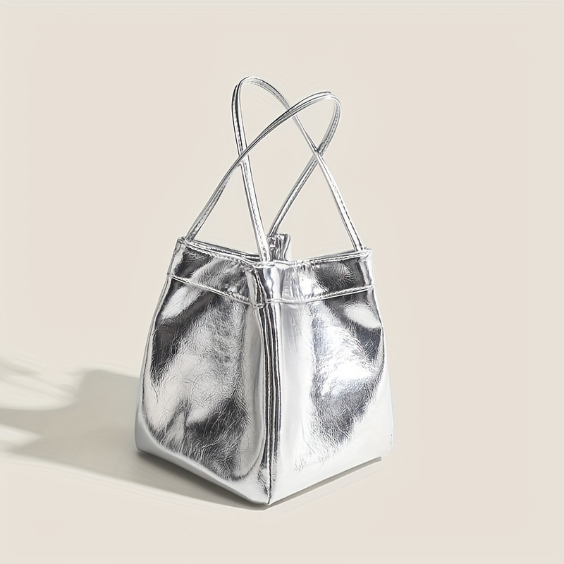 

Silvery Metallic Bucket Bag For Women, Fashionable Y2k Style Handbag, Trendy Small Satchel Bag