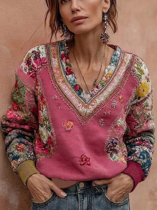 item picture ethnic style floral print artistic v neck long sleeve casual sweatshirt bohemian style outing casual daily versatile top fall winter style printed design