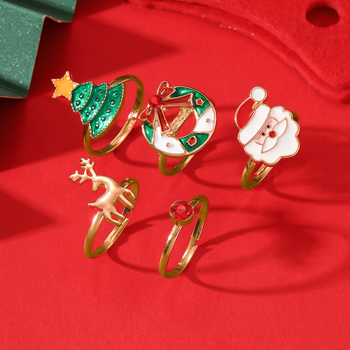 5pc Christmas Elk Ring Set, Retro Style
