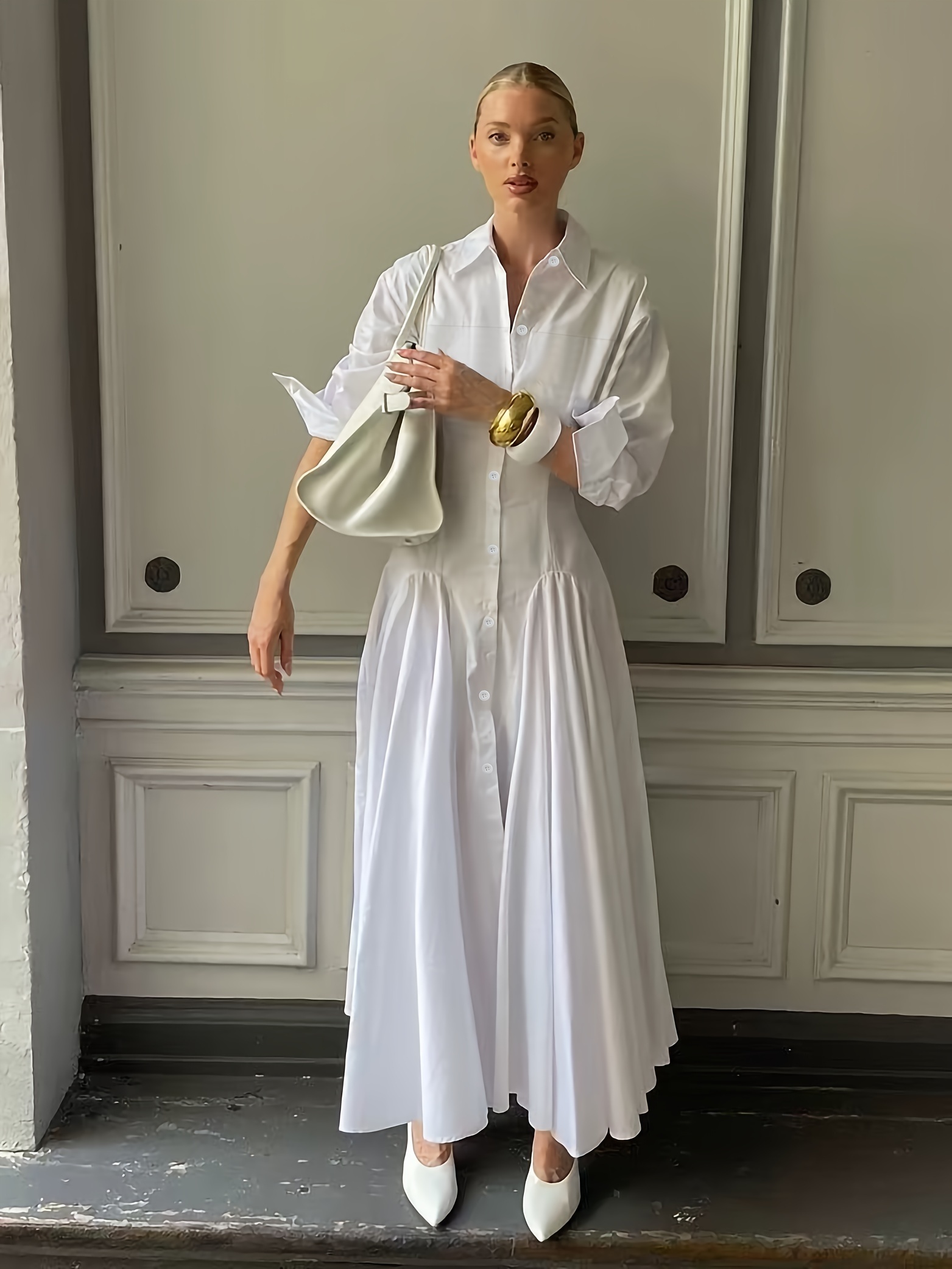 Autumn And Winter Minimalist Outfit Long-Sleeved Shirt Dress French *  Straight Row Button White Long Skirt Casual Fashion *