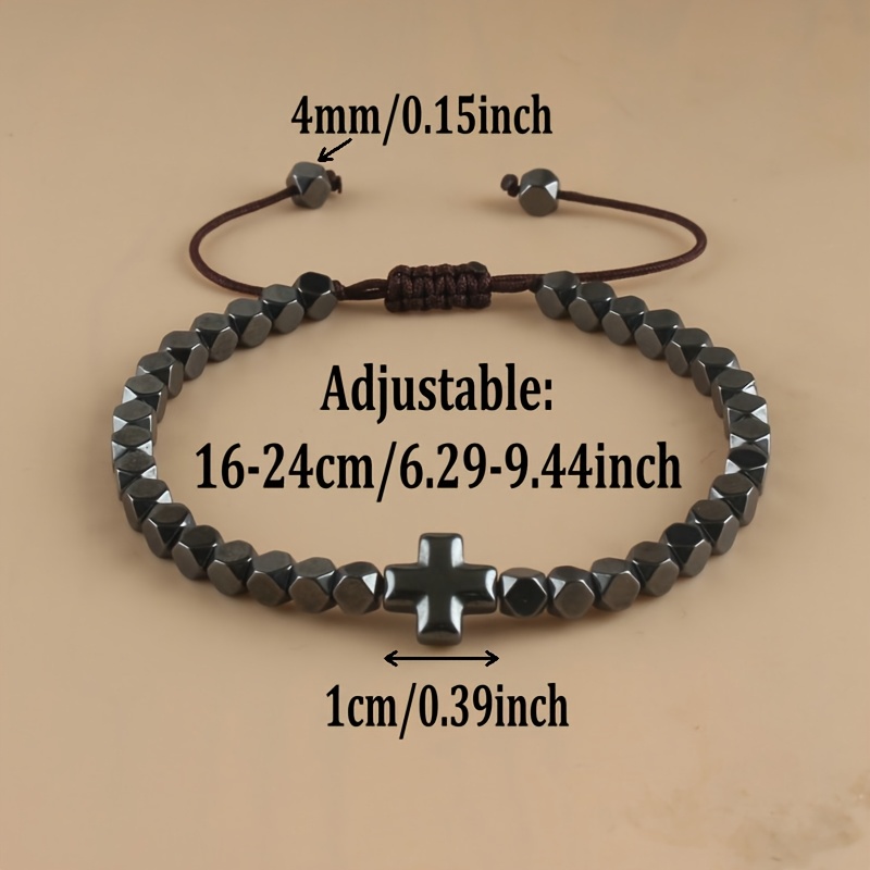 Adjustable Men's Bracelet with Hematite Beads Cross Pendant