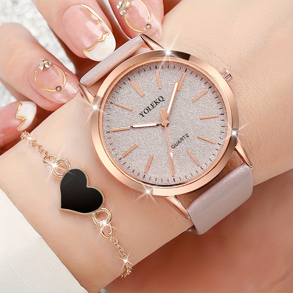 

2pcs Quartz Watches For Women Pu Leather Wrist Watch Alloy Pointer Heart Jewelry Set Great Gift For Her Mom Girlfriend