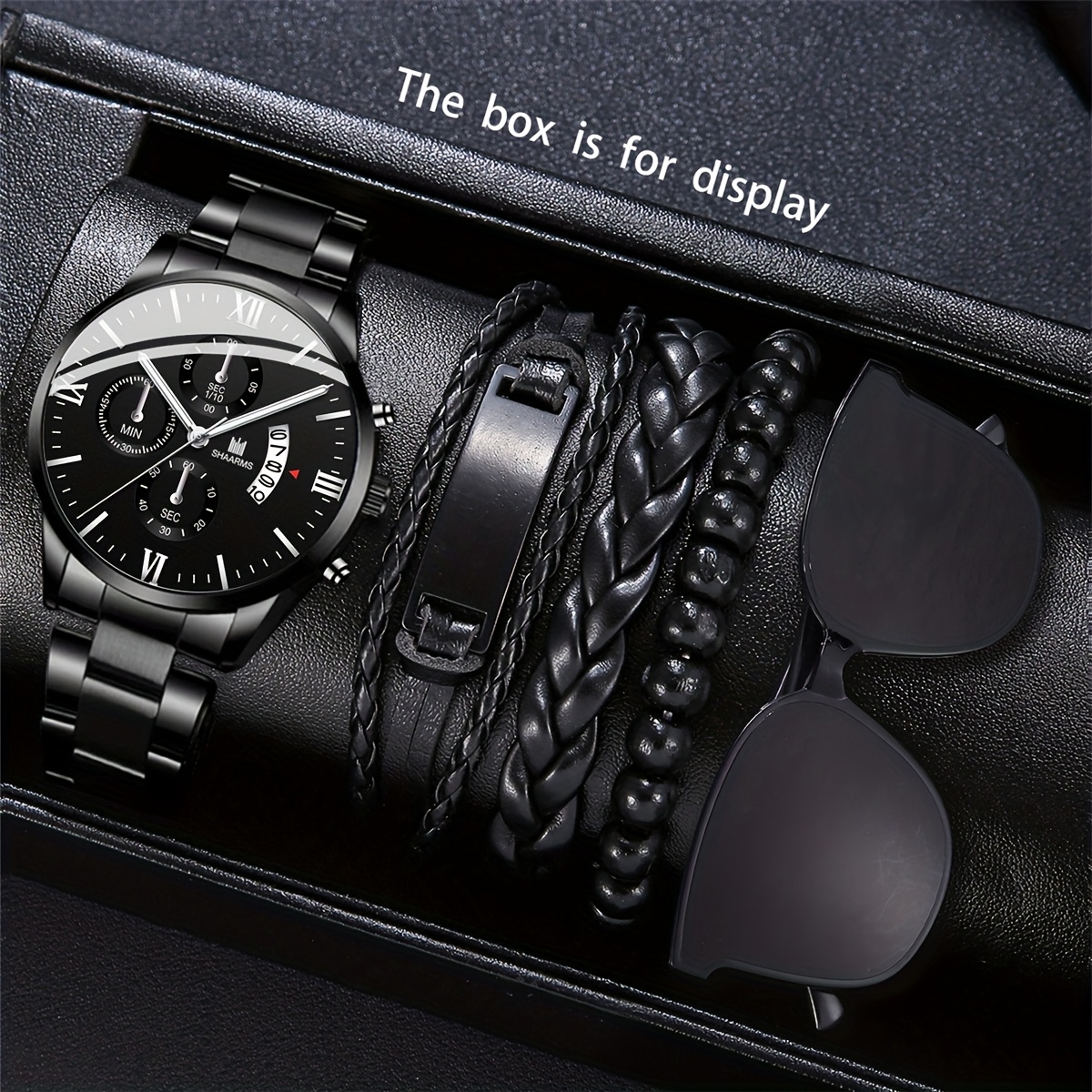 piezas de reloj de pulsera de banda de acero para hombre pulsera  elegante y gafas de moda de estilo conjunto de relojes de pulsera para