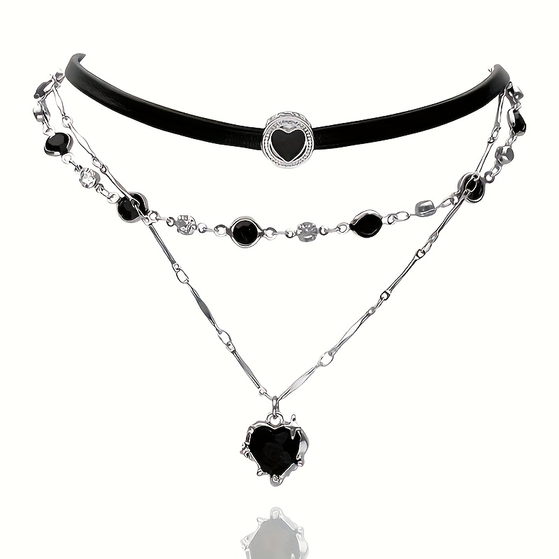 TEMU 2pcs Women's Black Heart Pendant Necklace Chain, Light Layered Necklaces, Sweet And Cool Versatile High-end Cold Aura Choker Chains, Collar