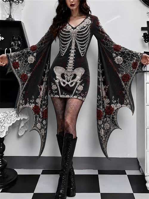 womens gothic batwing sleeve v neck bat dress short length fitted costume dress suitable for themed events stage performances photo shoots machine washable elegant batwing outfit for night outfits