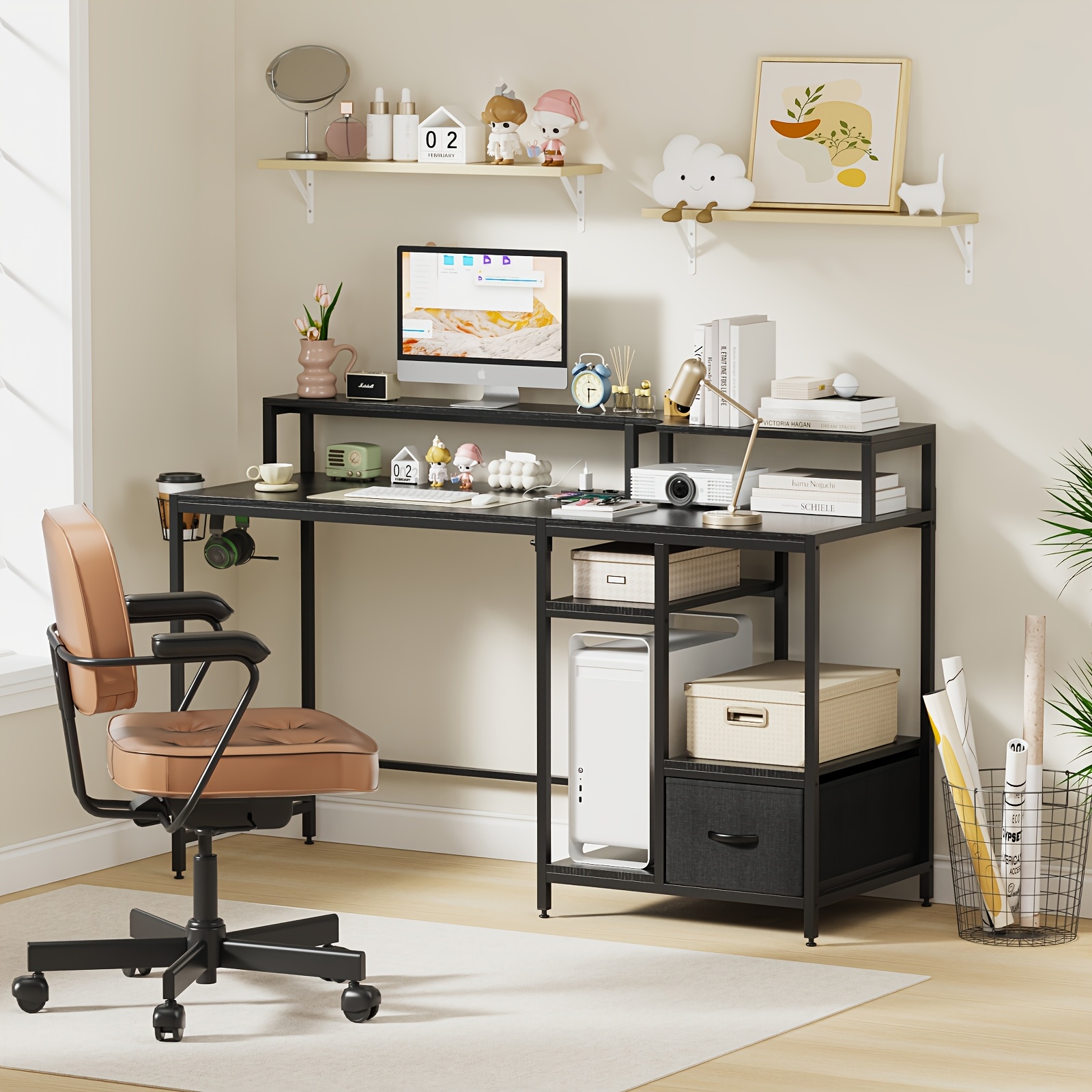 Computer Desk With Drawer, Computer Desk For Home Office, Computer Desk With Hutch, 140x50x91cm Black