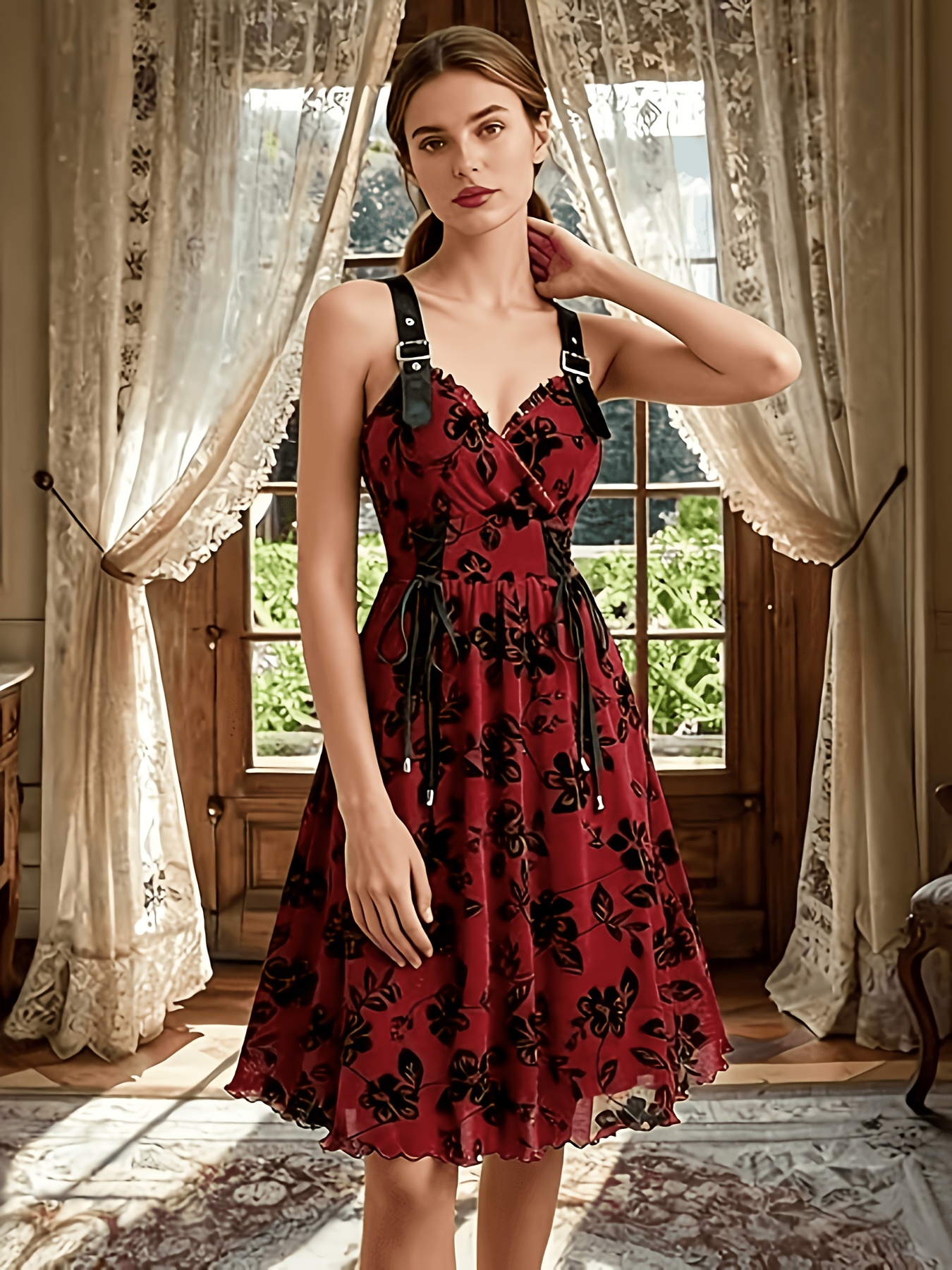 brown embroidered rose dress temu Spring and Autumn Styles Colorful Geometric Tribal Embroidery Design *  Elegant Style Round Neck Long Sleeve Dress
