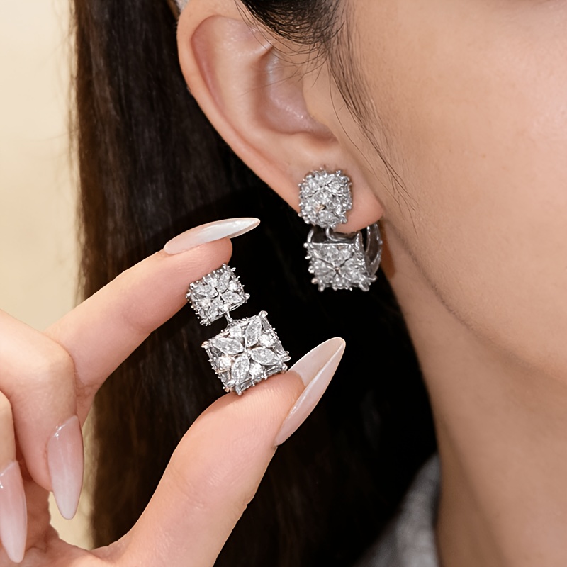 TEMU Full-set Cubic Synthetic Zirconia Flower Clover Heavy-duty Asymmetrical Cube Stud Earrings, Suitable For Women, Wedding Accessories,