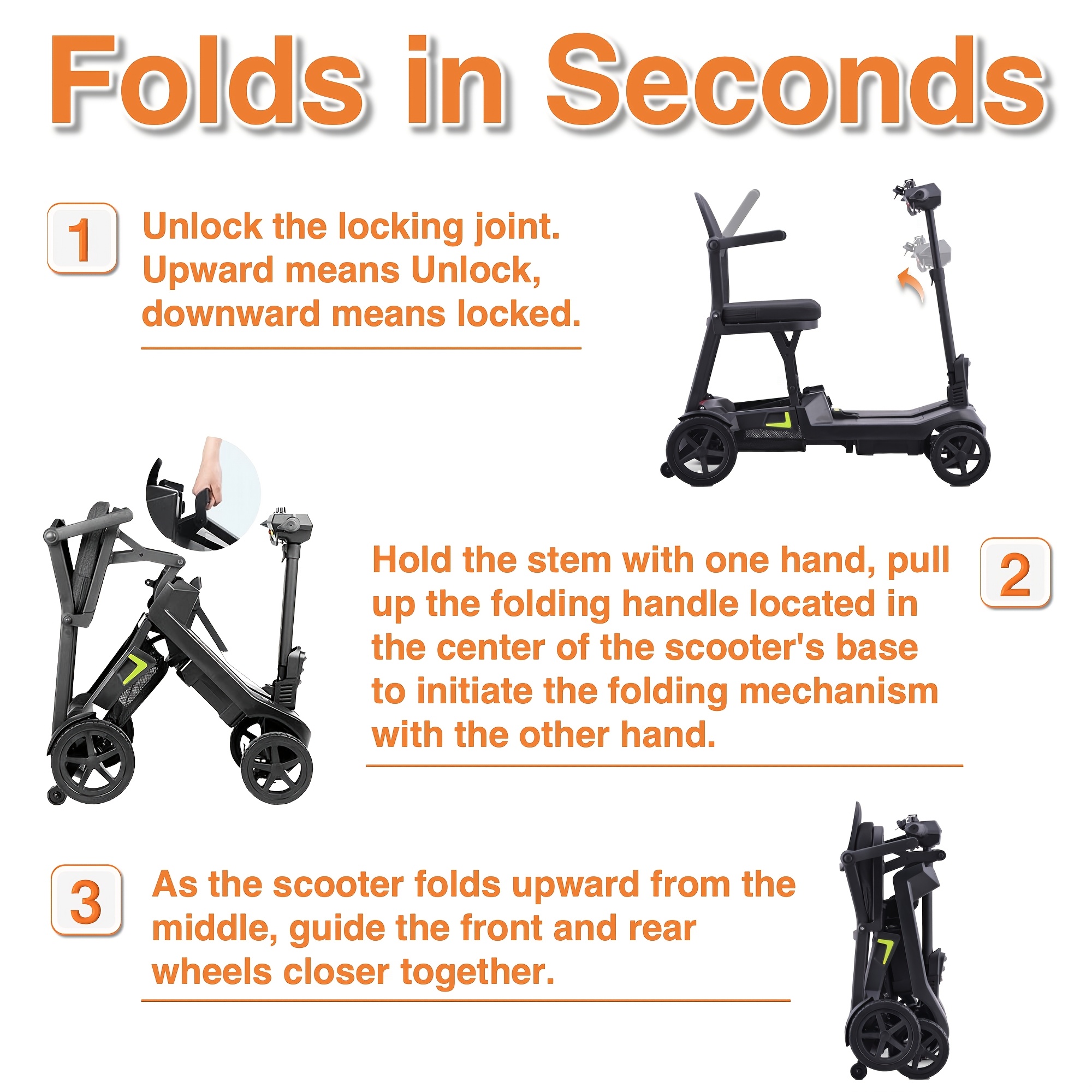 a lightweight, foldable four-wheeled electric mobility scooter suitable for seniors and adults,   with dual removable batteries, meeting air travel  , offering a long range, and a   of 5 mph Product details 7