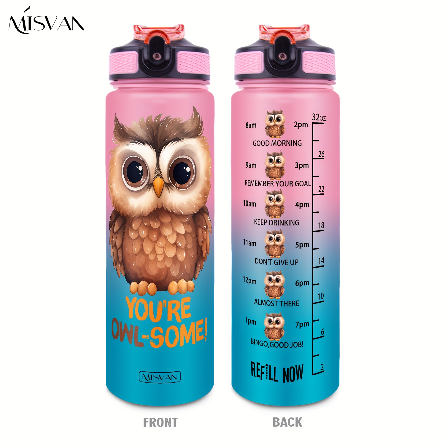 Image of 1pc, Owl Element Print. 32oz Gradient Color Motivational Water Bottle Markers - Leak-proof, Time- Hydration Tracking, Perfect For Sports, Fitness, , And Travel, Gradient Color Water Bottle