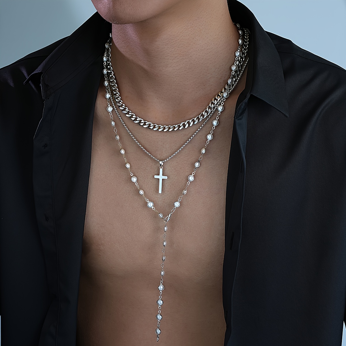 3 pièces collier y   pour homme avec croix en acier inoxydable et perles  , ensemble de chaînes superposées - cadeau idéal petit   (rencontre   vacances fête), accessoire élégant bijoux masculins design moderne     chaine multicouche   pour passionnés de joaillerie Détails du produit 1