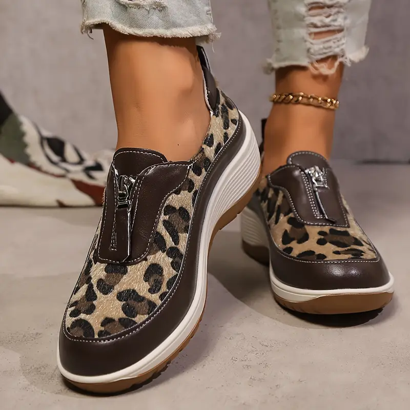 womens leopard print fashion sneakers with zipper closure low top casual athletic shoes with mesh and pu sole hand washable manufactured details 3