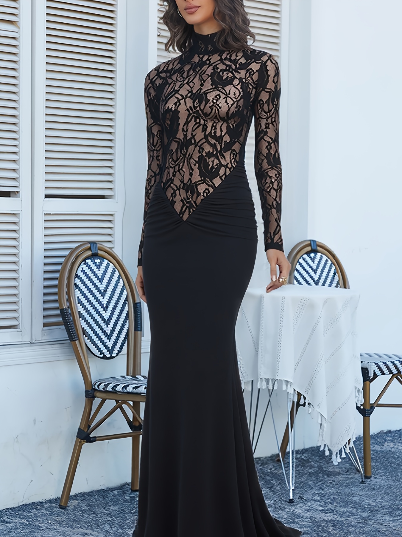 womens semi sheer lace high neck maxi dress long sleeve - Temu Mauritius