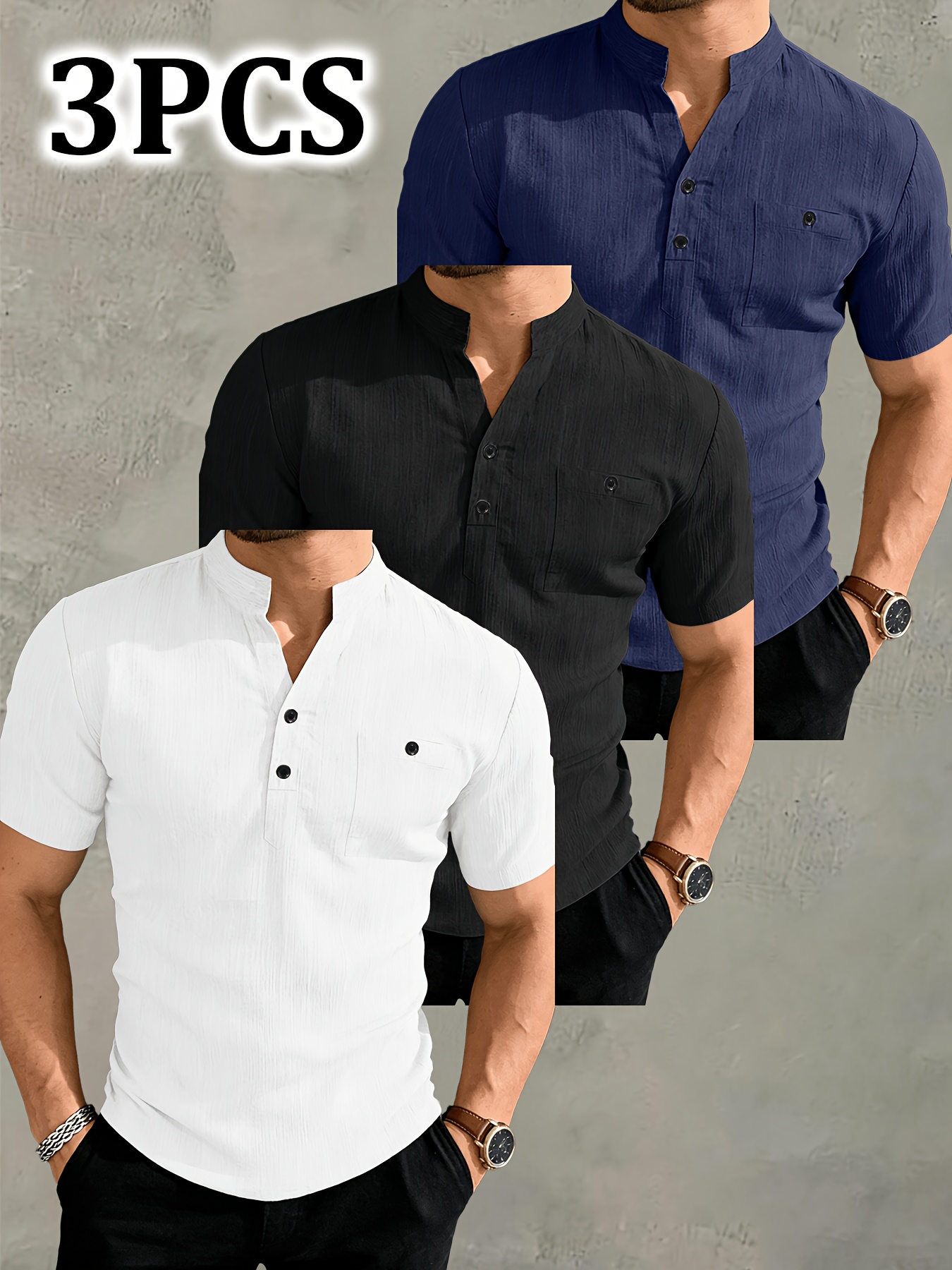 JOSHIMAY Obm 3pcs Set Men'S High Quality Summer Short Sleeve Henley Shirt T-Shirt Men'S Clothing Top, Suitable for Golf Outdoor Camping Fishing And Daily Casual Wear