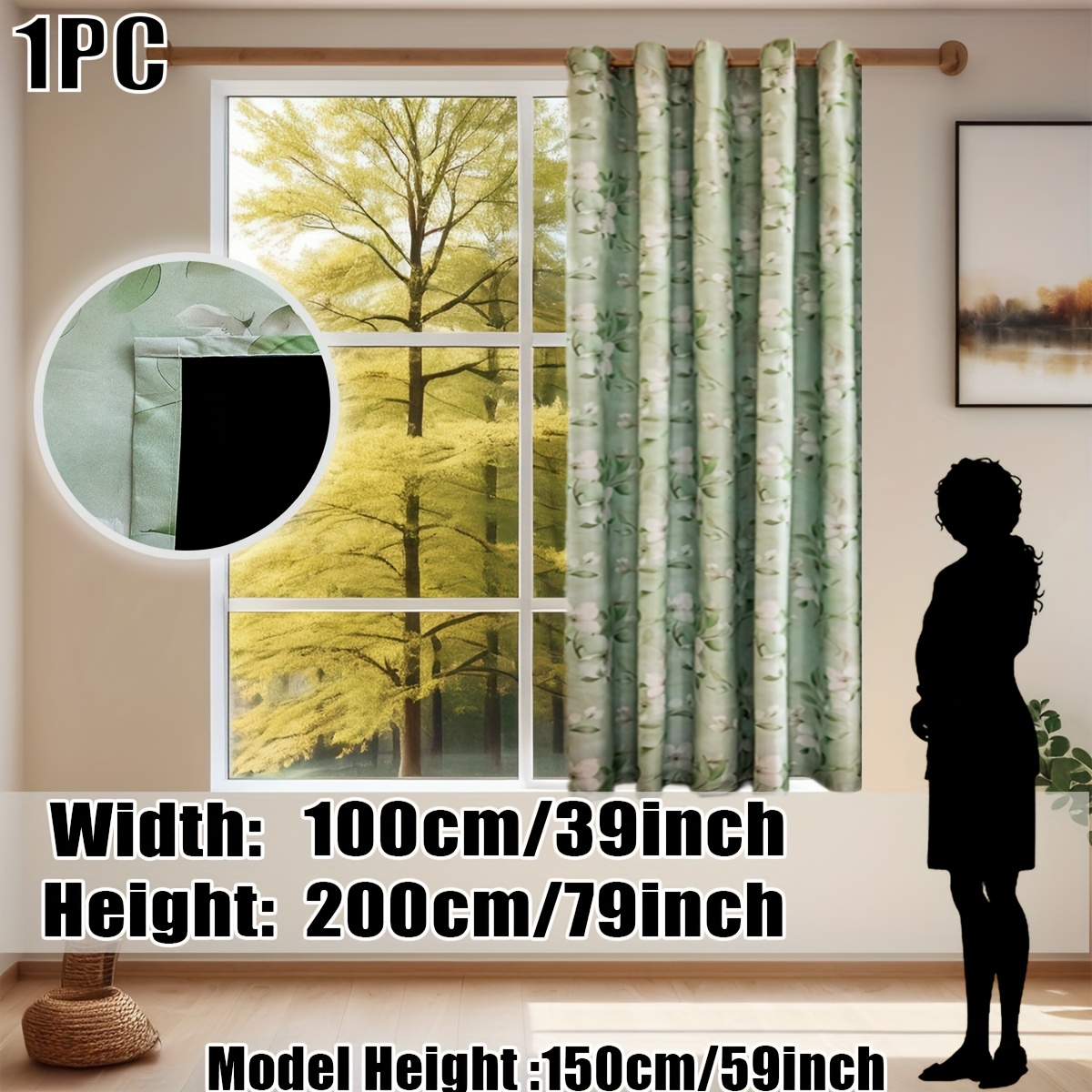 TEMU Pack Of 1, Flower Printed Blackout Curtains, Style, , Draping, Designed Blackout Coating, 100% Blackout, Physical Heat Insulation, Privacy