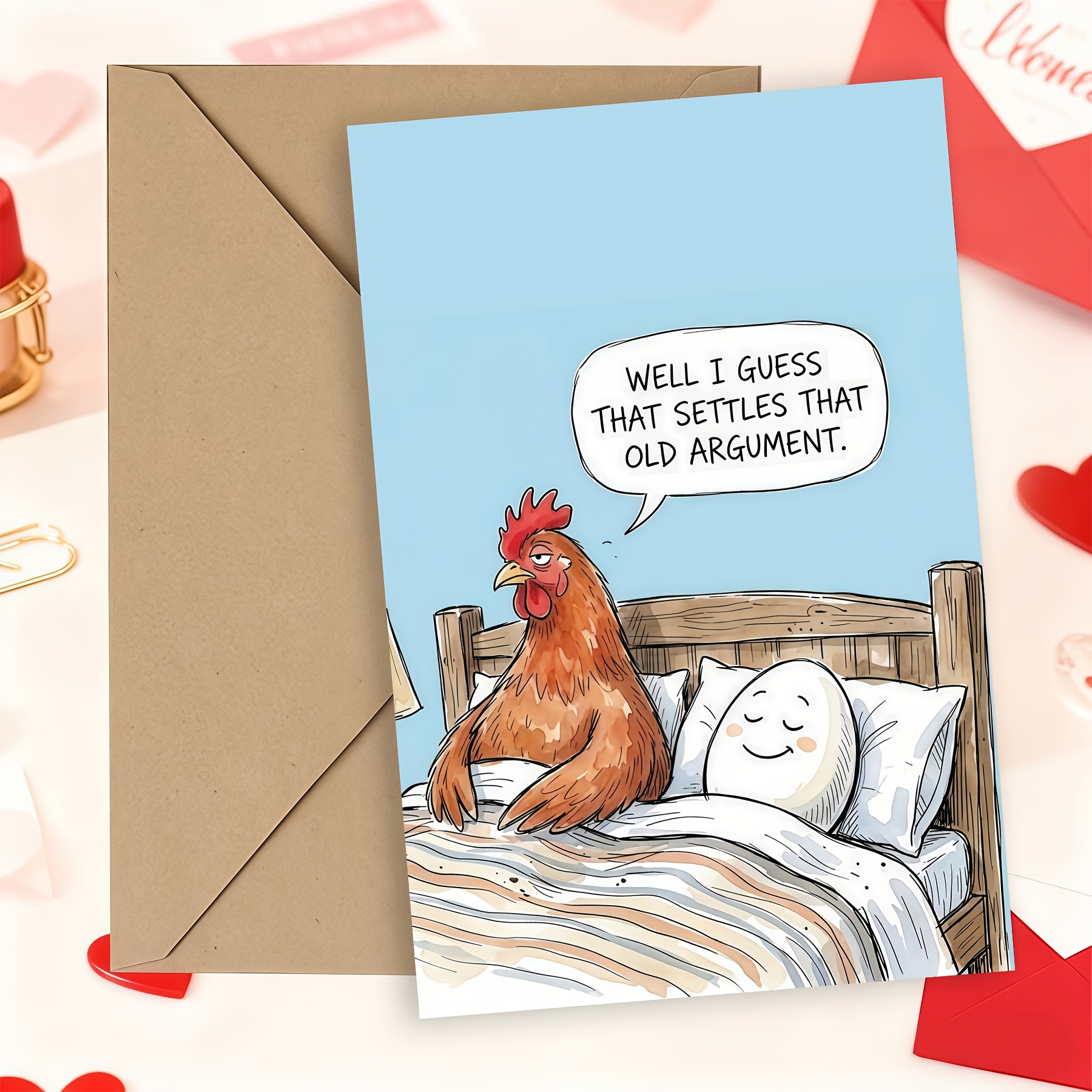 TEMU Carte de vœux humoristique avec question de , illustration amusante d'un coq et d'un œuf partageant un lit, à clair simple avec enveloppe,