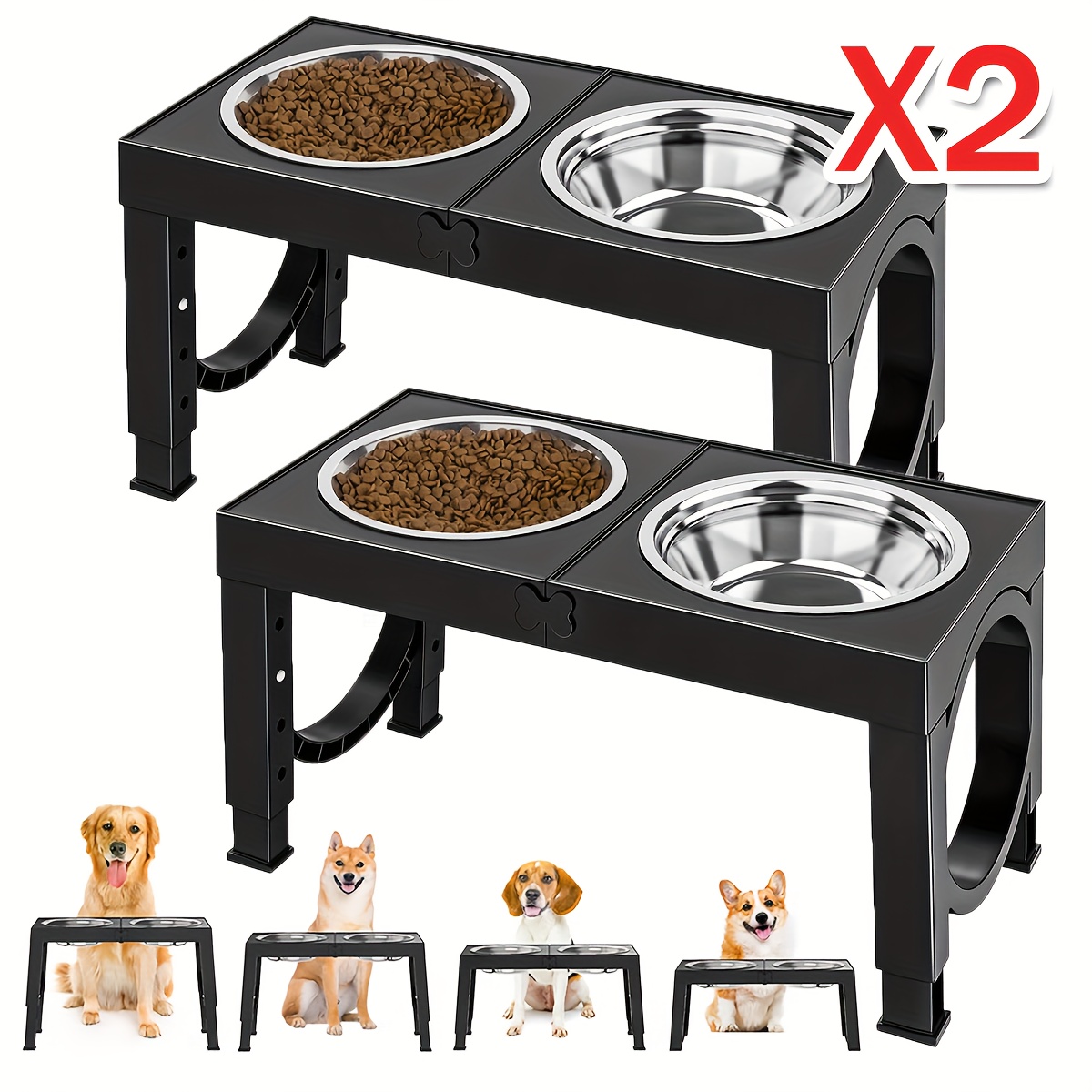 2 set adjustable elevated dog bowls foldable design raised dog bowls with 4 stainless steel bowls dog water dish for all breed dogs easy to clean