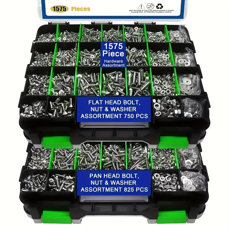 Image of A Set Of 1575 Stainless Steel Cross Screws, Nuts, And Bolts Categorized, Including Stainless Steel Cross Slot And Pan Head Screws, Along With Nuts, Bolts, And Washers In A Double-sided Organizer Box